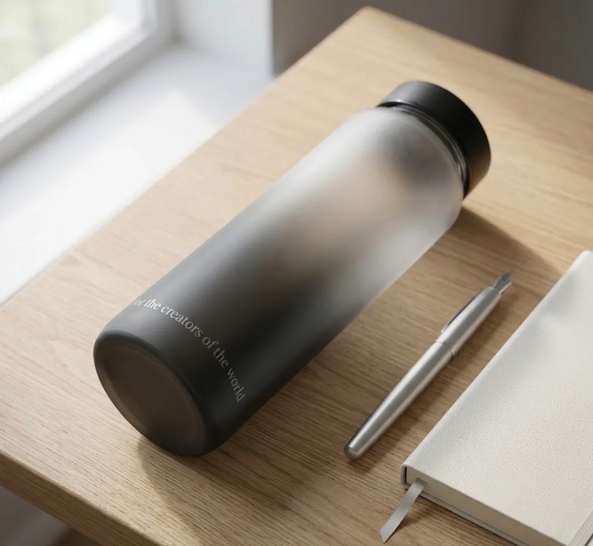 No. 01 lying on an oak desk in window light, “for the creators of the world”
                engraved around its base, with a pen and a closed notebook beside it.